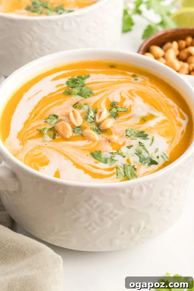 Velvety Butternut Curry Dream 2 A bowl of creamy Curried Butternut Squash Soup, garnished with fresh cilantro and a swirl of coconut milk, set against a rustic background.