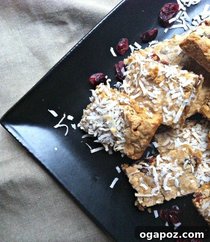 Kid-Approved Chewy Coconut Cranberry Granola Bars 5 Close-up of a plate of freshly baked Chewy Coconut Cranberry Oatmeal Bars, showcasing their wholesome texture