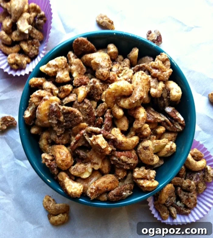 A vibrant bowl of Sweet and Spicy Nut Mix, featuring cashews, pecans, and walnuts coated in a delicious blend of cinnamon, cumin, and cayenne pepper, perfect for holidays and parties.