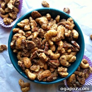 Top-down view of the freshly roasted Sweet and Spicy Nut Mix, highlighting the rich colors and inviting texture.