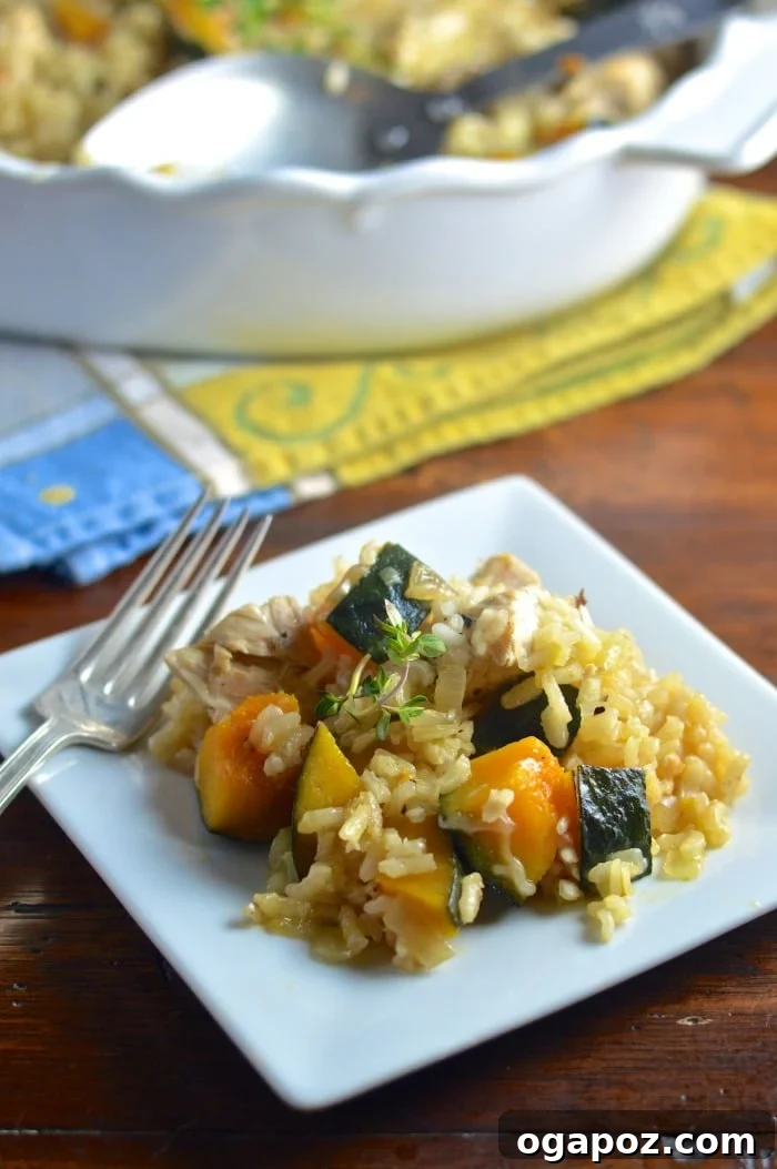 Creamy Kabocha Squash Risotto with Baked Chicken 4 A single serving of Baked Chicken Kabocha Squash Risotto on a white plate, showcasing the creamy texture and tender chunks of chicken and squash, garnished with fresh thyme.