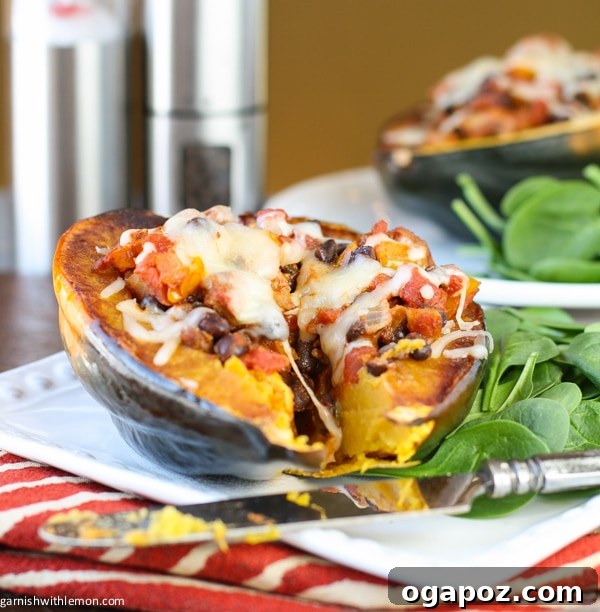 Zesty Mexican Acorn Squash Bowls 3 Close-up of a single Mexican Stuffed Acorn Squash half, showcasing the browned sausage, colorful vegetables, and melted cheese.