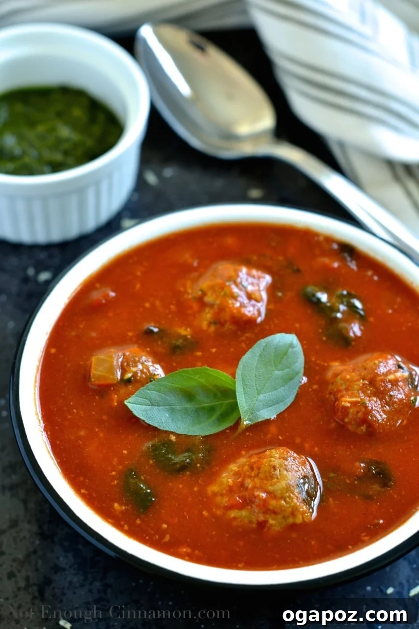 Vibrant Spinach and Tomato Comfort 2 A steaming bowl of Spinach and Tomato Soup, garnished with fresh basil leaves, suggesting a warm and comforting meal.