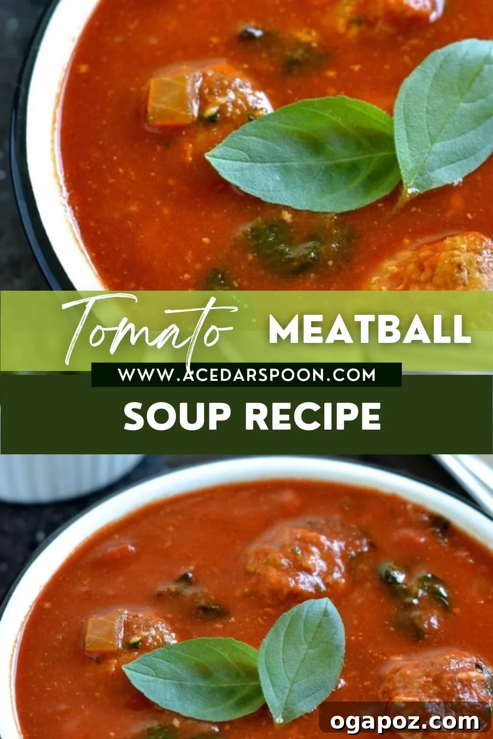 Vibrant Spinach and Tomato Comfort 5 A bowl of Spinach and Tomato Soup with meatballs, ready to be served, accompanied by a small logo or branding element.
