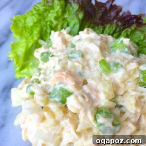 Close-up of Lightened Chicken Salad ingredients being mixed in a bowl.