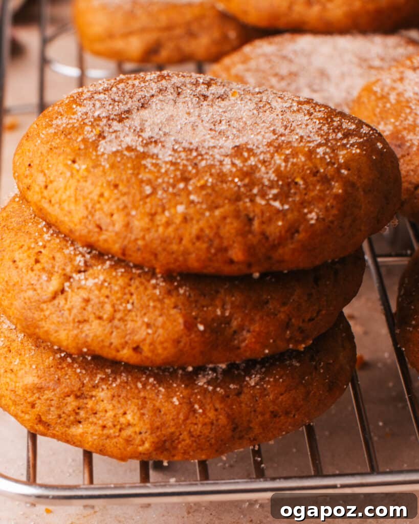 Pillowy Pumpkin Spice Cookies 6 A perfectly arranged stack of soft pumpkin cookies, showcasing their inviting texture and delicious appearance.