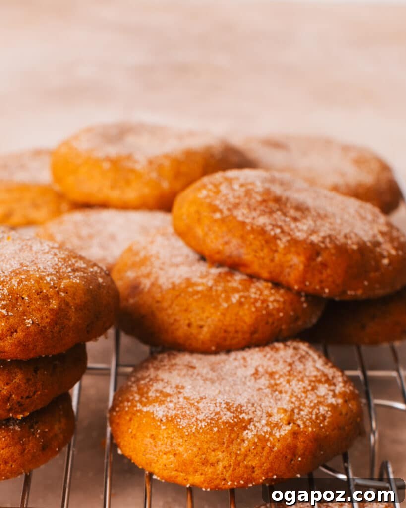 Pillowy Pumpkin Spice Cookies 7 A generous pile of soft pumpkin cookies cooling on a wire rack, ready to be devoured, highlighting their delightful roundness.