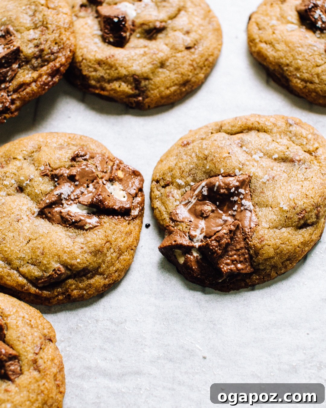 Toblerone Mountain Cookies 4 Stacked Toblerone cookies, with a sprinkle of sea salt visible.