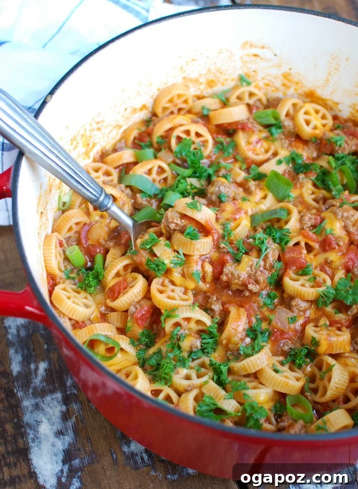 Hearty One-Pot Cheesy Ground Beef Pasta 3 A collection of fresh and canned ingredients for Cheesy Hamburger Pasta, including ground beef, diced tomatoes, pasta, onions, and cheese.