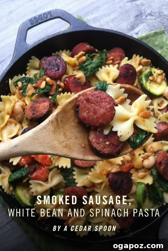 Hearty Smoked Sausage & White Bean Pasta 2 Smoked Sausage Pasta with White Beans, Spinach, and Toasted Pine Nuts