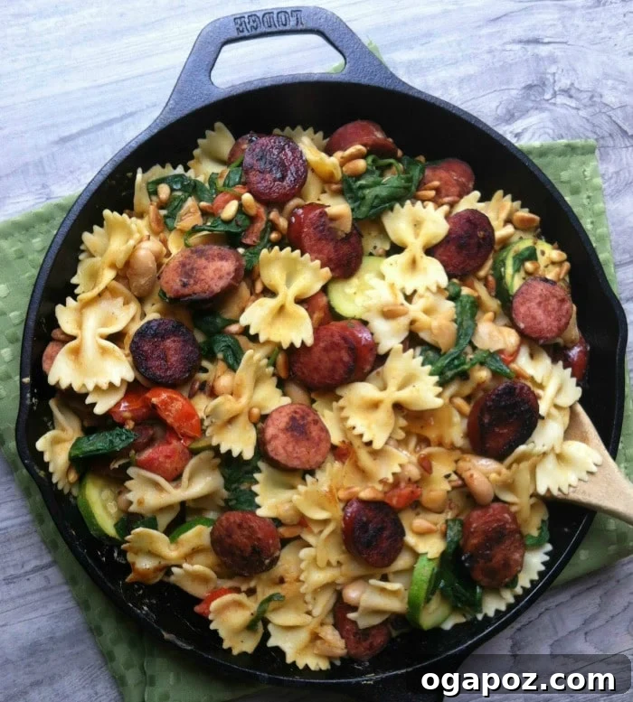 Hearty Smoked Sausage & White Bean Pasta 4 Ingredients for Smoked Sausage, White Bean and Spinach Pasta with Toasted Pine Nuts