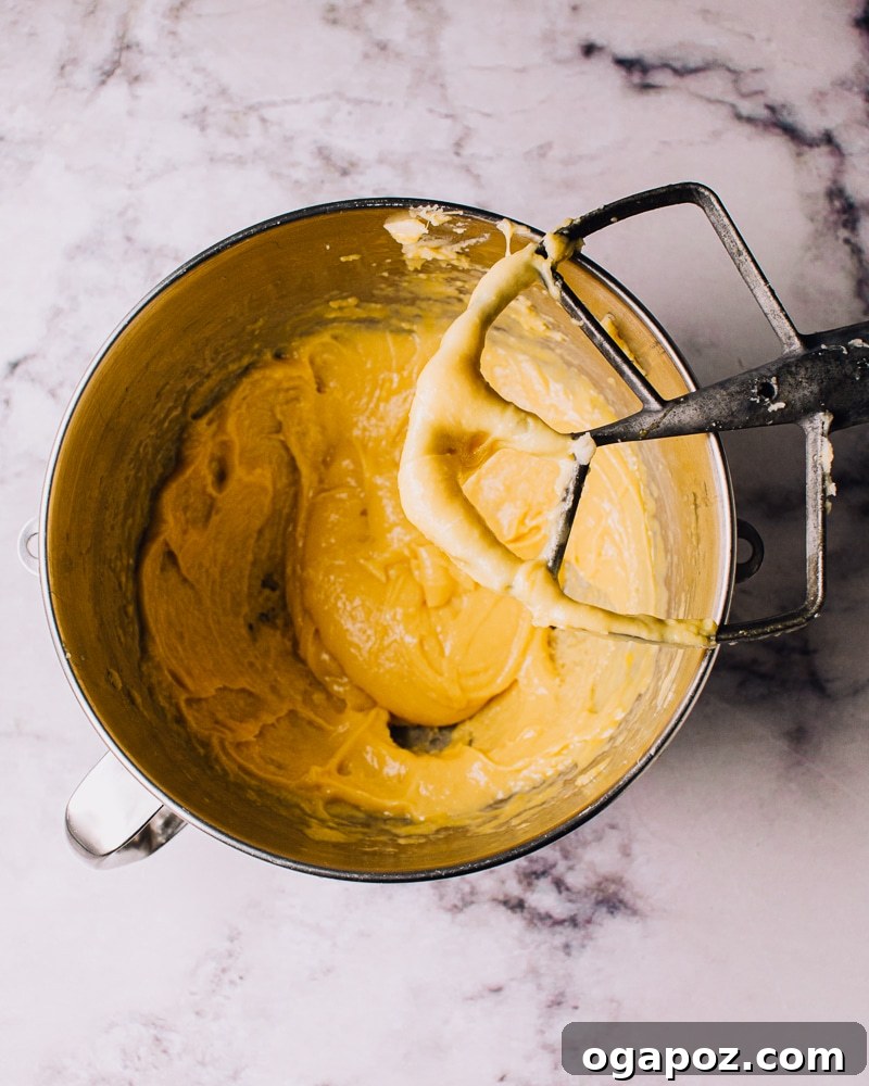 Airy French Delights 11 Fully mixed choux pastry dough, smooth and glossy, ready for piping.