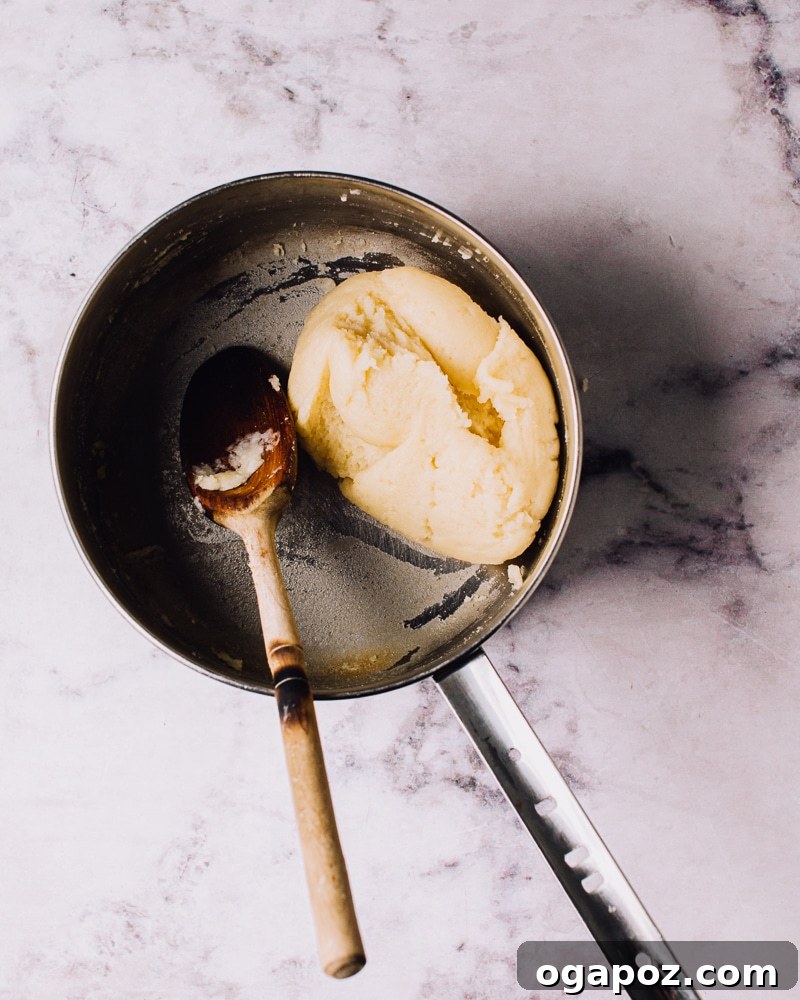 Airy French Delights 8 Choux pastry dough cooked to a smooth ball, leaving a film on the pan bottom.