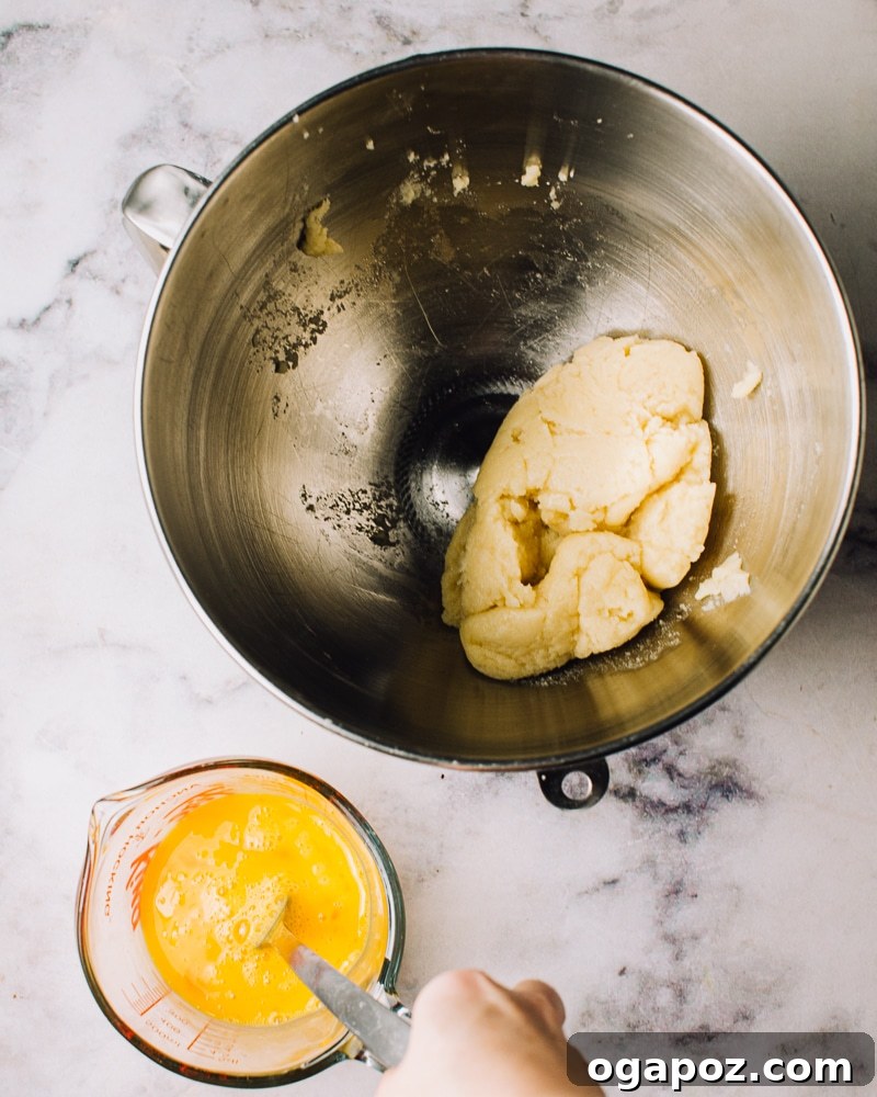 Airy French Delights 9 Hot choux pastry dough transferred to a stand mixer bowl for cooling.