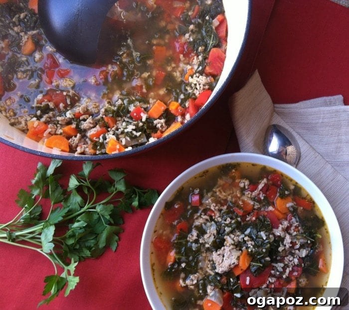 Hearty Turkey, Kale & Brown Rice Soup 3 Comforting bowl of Turkey Kale and Brown Rice Soup, ready for a spring day
