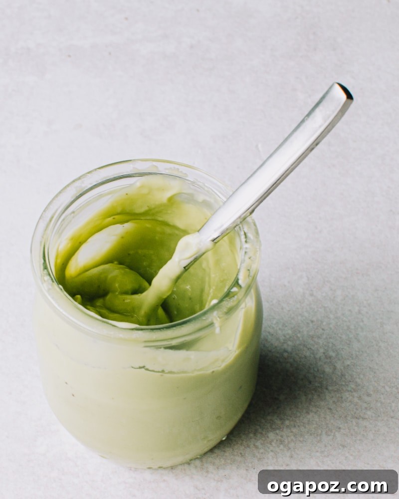 Velvet Avocado Crema 5 Perfect Avocado Crema in a jar with a spoon.