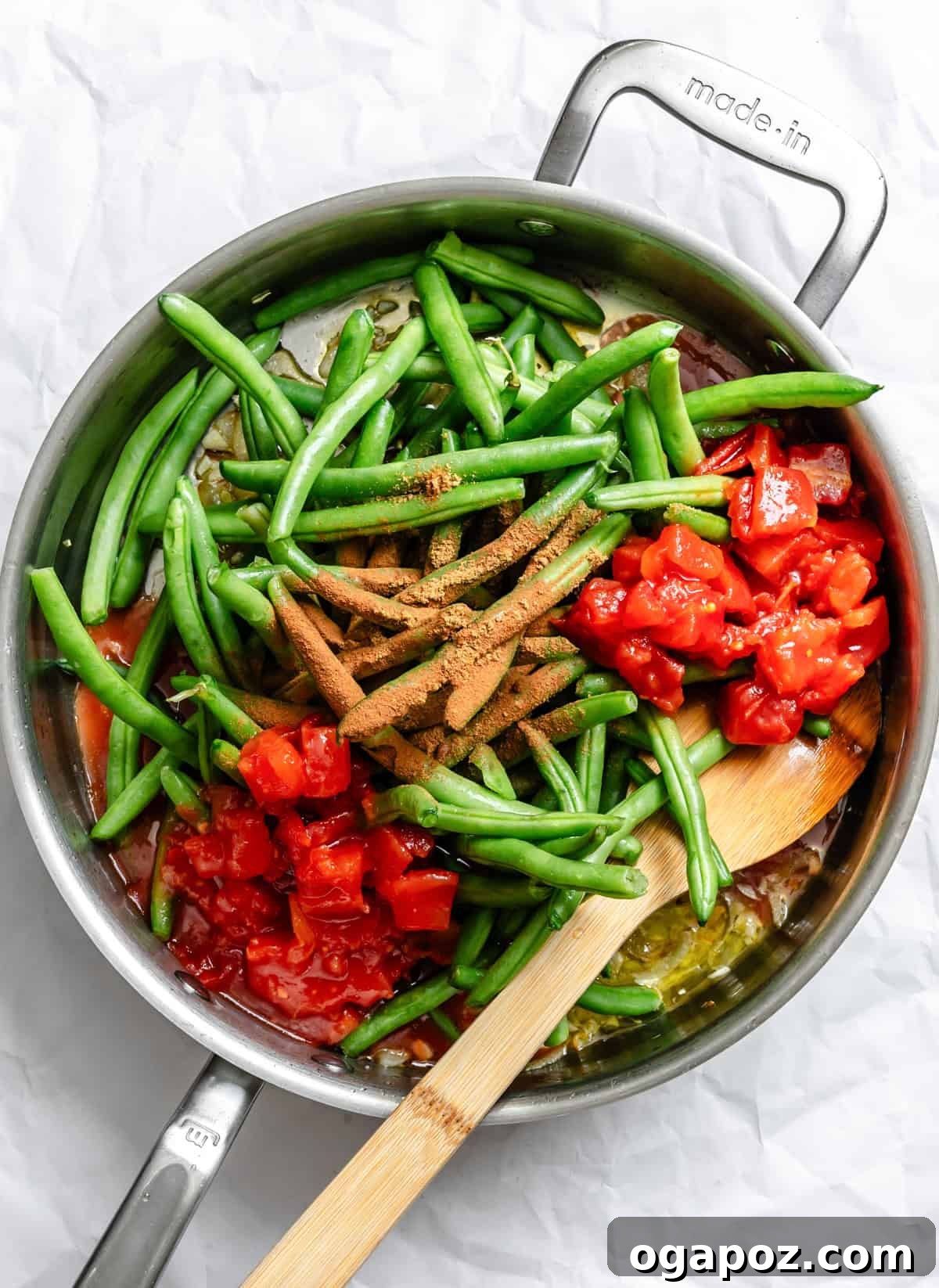 Lebanese Braised Green Beans 6 Lebanese Green Beans simmering in a skillet