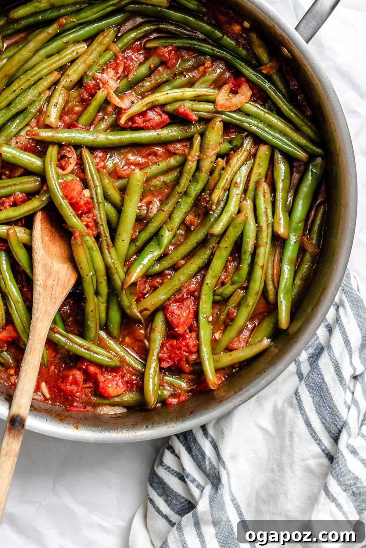 Lebanese Braised Green Beans 7 Lebanese Green Beans in a skillet, close up