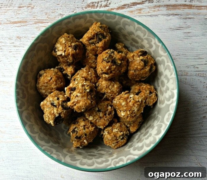 Peanut Butter Coconut Energy Bites 4 A bowl filled with freshly made Peanut Butter Coconut Oatmeal Bites, perfectly round and tempting.