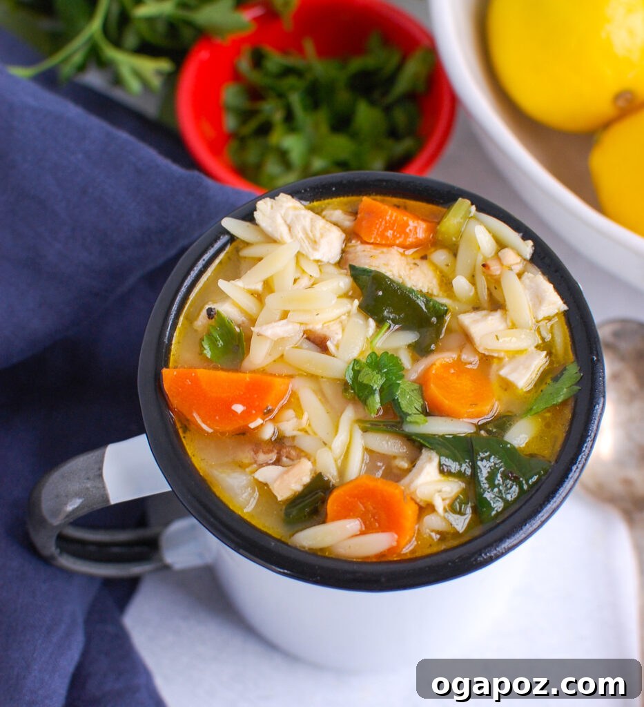 Zesty Lemon Chicken Orzo Soup 3 Lemon Chicken Orzo Soup served in a white mug, garnished with fresh herbs.
