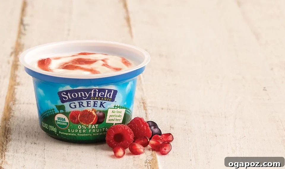 Tangy Dill Greek Yogurt Dip 5 Assortment of Stonyfield Greek yogurt products, highlighting healthy snack options.