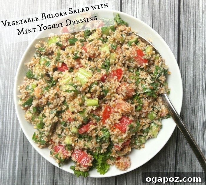 Vibrant Bulgur Salad with Cool Mint Yogurt Dressing 2 Vibrant Vegetable Bulgur Salad with Mint Yogurt Dressing, showcasing a colorful mix of ingredients