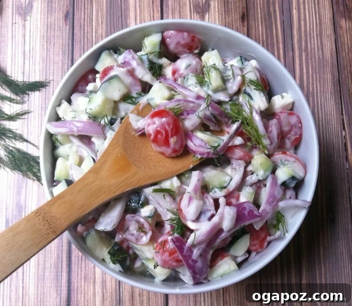Vibrant Cucumber Tomato Salad with Zesty Dill Yogurt 12 Serving of Cucumber Tomato Salad with Dill Yogurt Dressing in a bowl