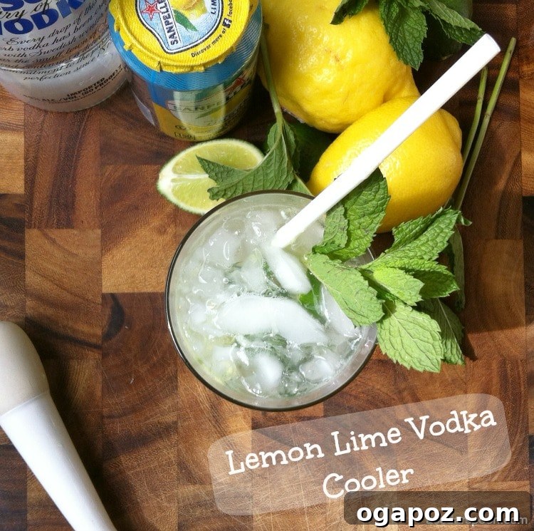 A chilled glass of Lemon Lime Vodka Cooler garnished with fresh mint and lime slices, set against a bright, summery background.