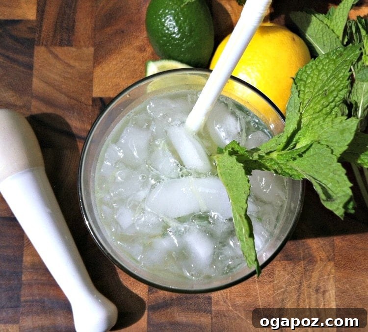 Close-up of a Lemon Lime Vodka Cooler, showing vibrant green lime slices, yellow lemon slice, and fresh mint leaves in a tall glass with crushed ice.