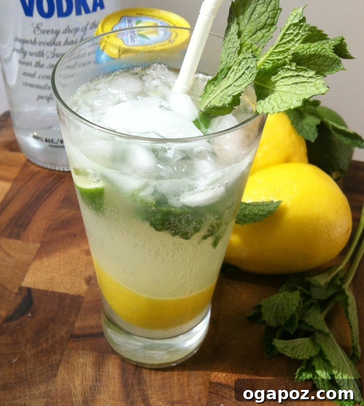 Three glasses of Lemon Lime Vodka Cooler, adorned with lemon, lime, and mint, presented on a wooden surface outdoors.