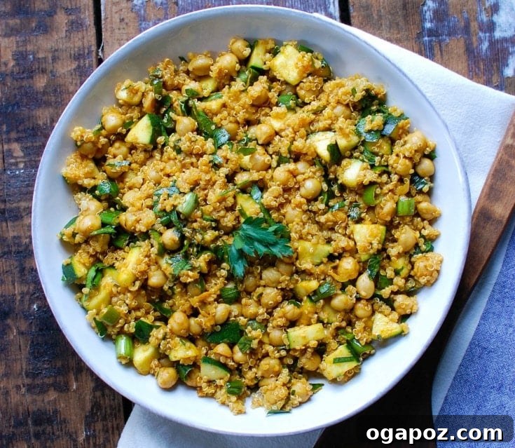 Zucchini Chickpea Quinoa Salad in white bowl