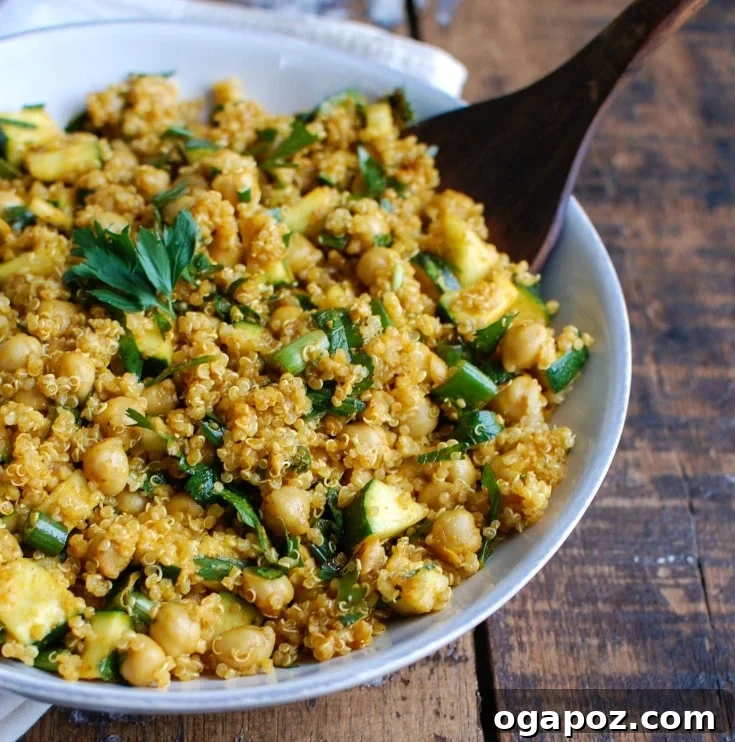 Zucchini Chickpea Quinoa Salad with spoon