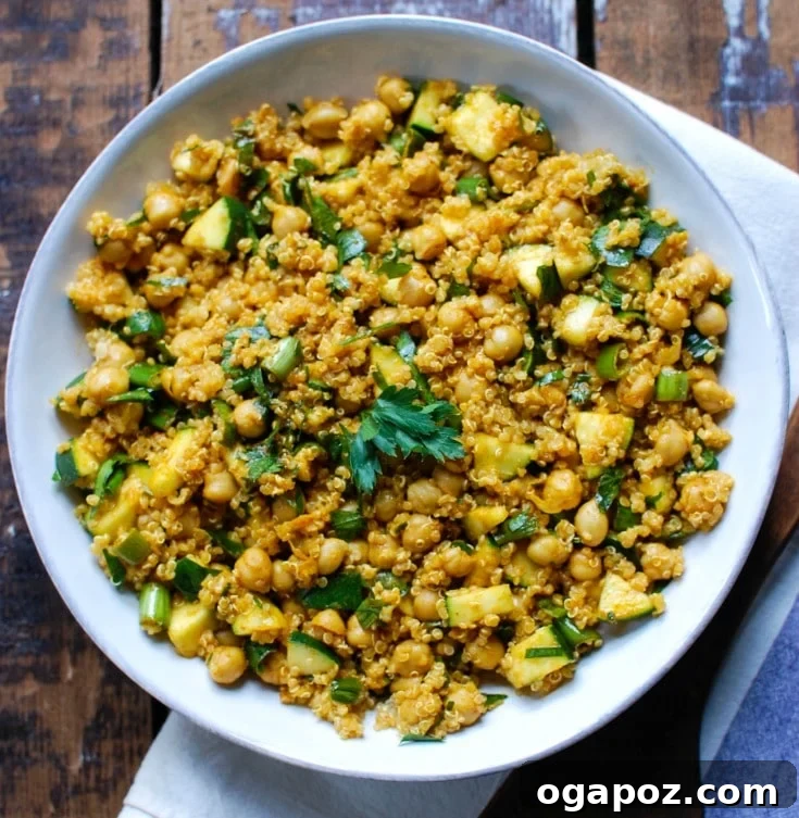 Zucchini Chickpea Quinoa Salad in white bowl