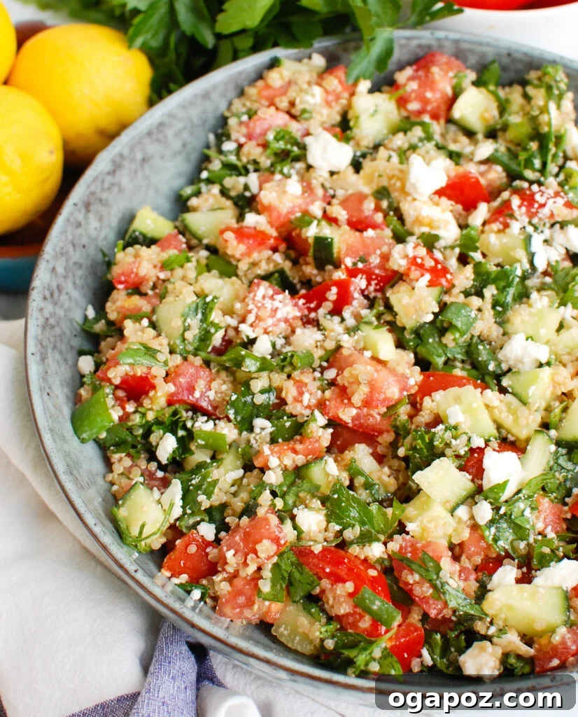 Feta Quinoa Bowl with Tomato Cucumber 3 A vibrant Tomato Cucumber Feta Quinoa Salad in a blue bowl, ready to be served