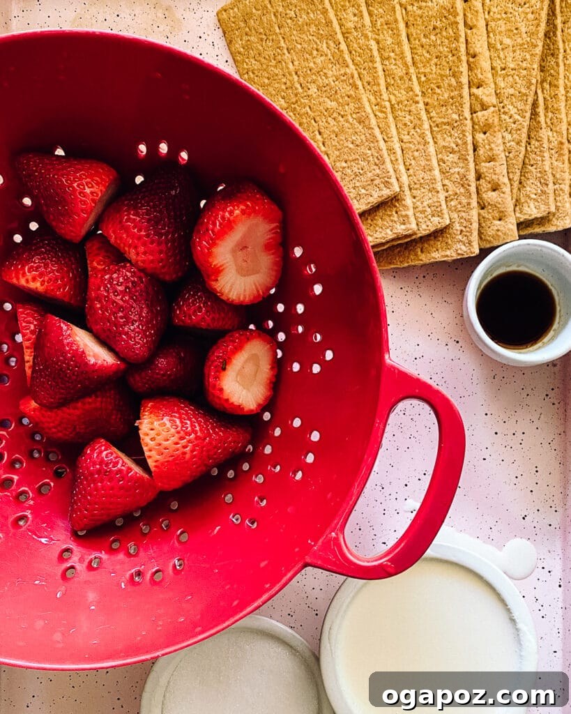 Dreamy Strawberry Chill Cake 3 Ingredients for strawberry icebox cake laid out on a table.