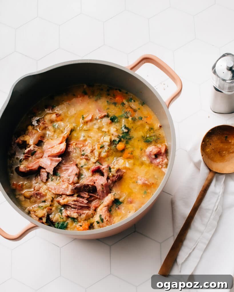 Smoky Ham and Hearty Lentil Soup 2 A steaming bowl of hearty Ham and Lentil Soup, garnished with fresh parsley, ready to be enjoyed. The rich broth and visible chunks of ham and tender vegetables promise a truly comforting meal.