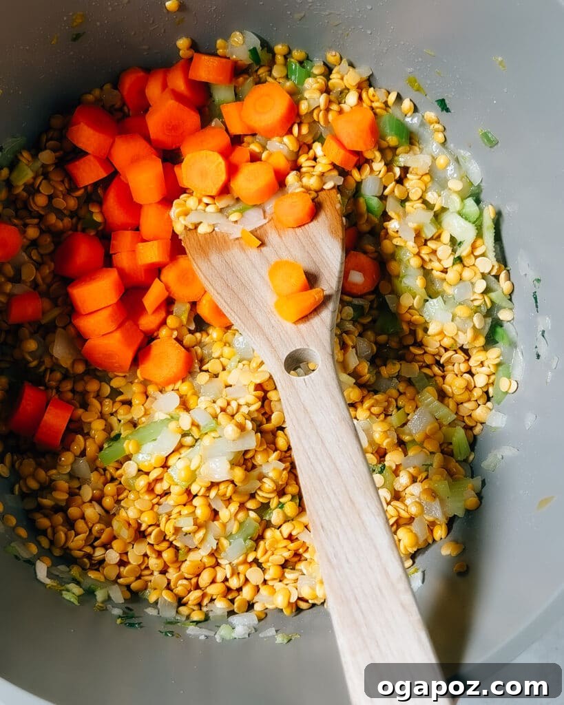 Smoky Ham and Hearty Lentil Soup 4 Step-by-step process of making Ham and Lentil Soup, showing vegetables sautéing, ingredients simmering, and the finished soup.