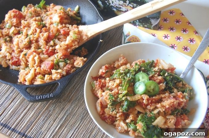 Fiesta Cauliflower Rice 2 Vibrant Spanish Cauliflower Rice with fresh ingredients, highlighting its vegan and healthy nature