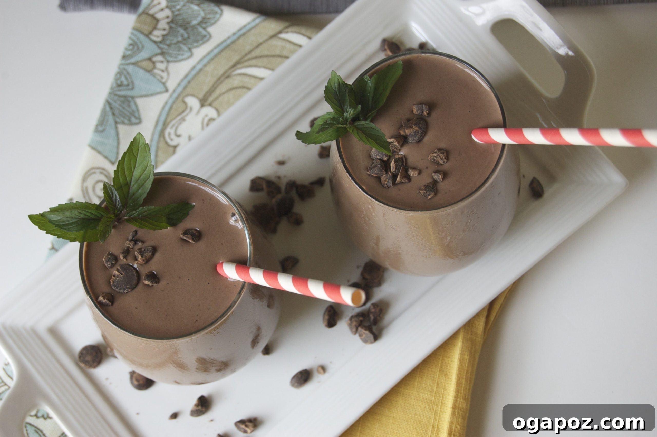 Wintermint Cacao Bliss 3 Three Peppermint Cacao Smoothies in glasses on a wooden surface