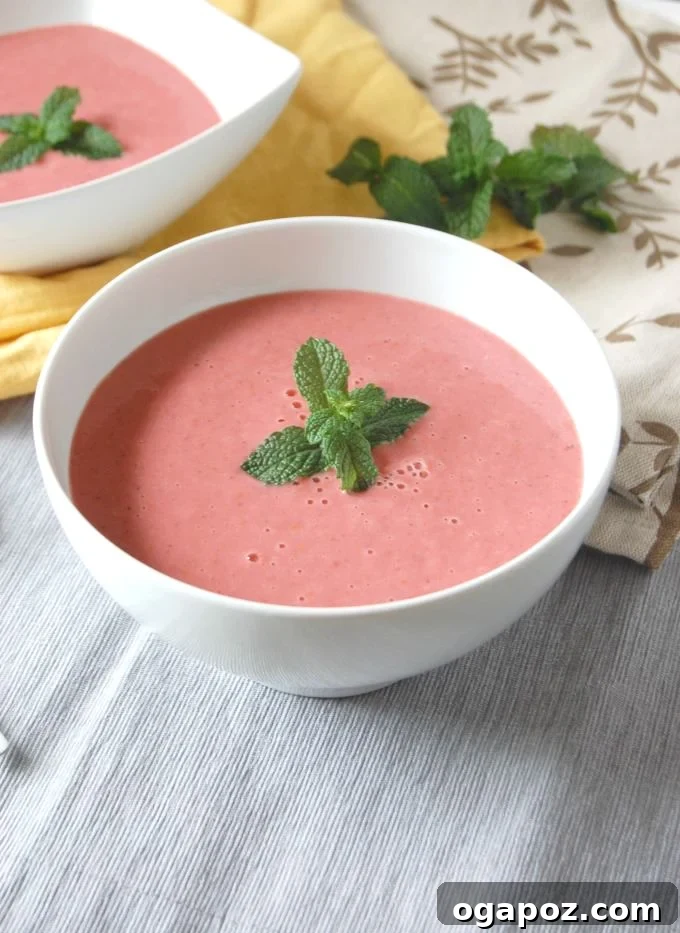 Ruby Mint Gazpacho 2 Vibrant Strawberry Mint Gazpacho garnished with fresh mint leaves, ready to be served.