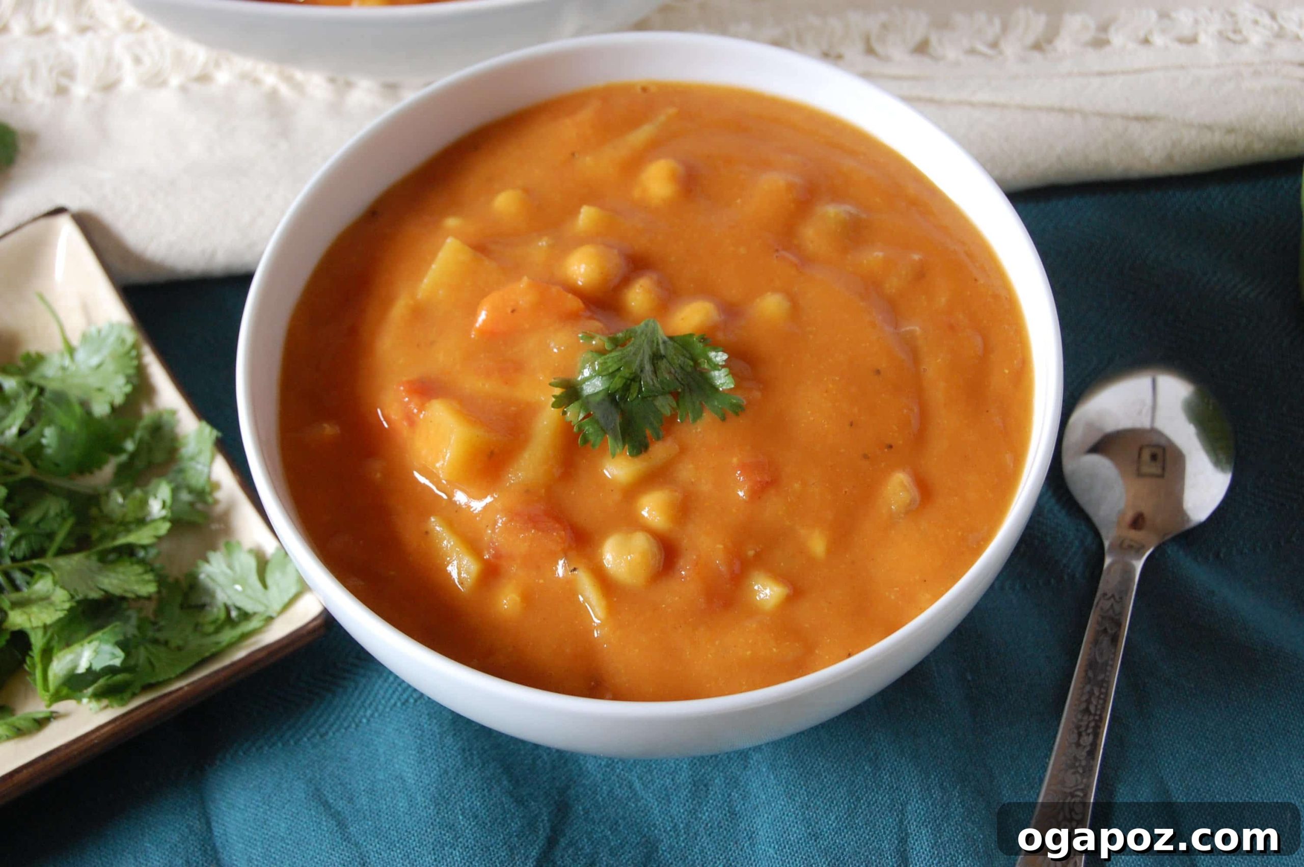 Aromatic Indian Chickpea Vegetable Soup 5 A perfectly portioned bowl of Indian Spiced Vegetable Chickpea Soup, topped with fresh cilantro, ready to be enjoyed.