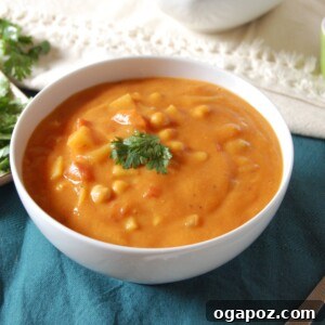Aromatic Indian Chickpea Vegetable Soup 6 Small square image of Indian Spiced Vegetable Chickpea Soup, showcasing a close-up of the textured soup with chickpeas and spices.