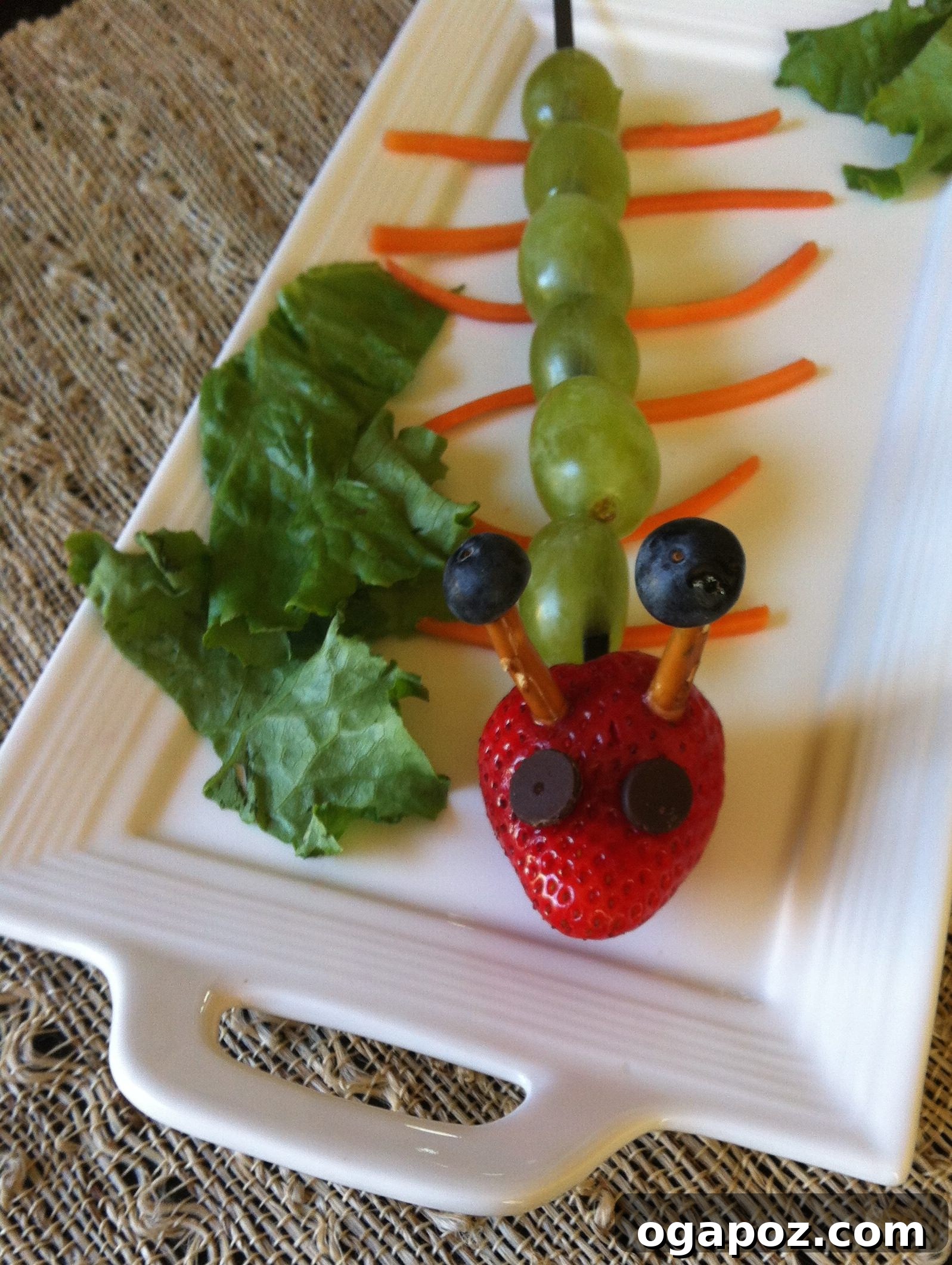 Fun Fruit Caterpillars 3 Close-up of Fruit Caterpillar with strawberry head and grape body