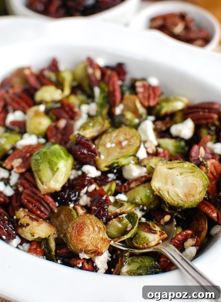 Maple-Glazed Brussels Sprouts with Bursting Cranberries 3 Close-up of Brussels Sprouts with Cranberries and a spoon, highlighting the textures