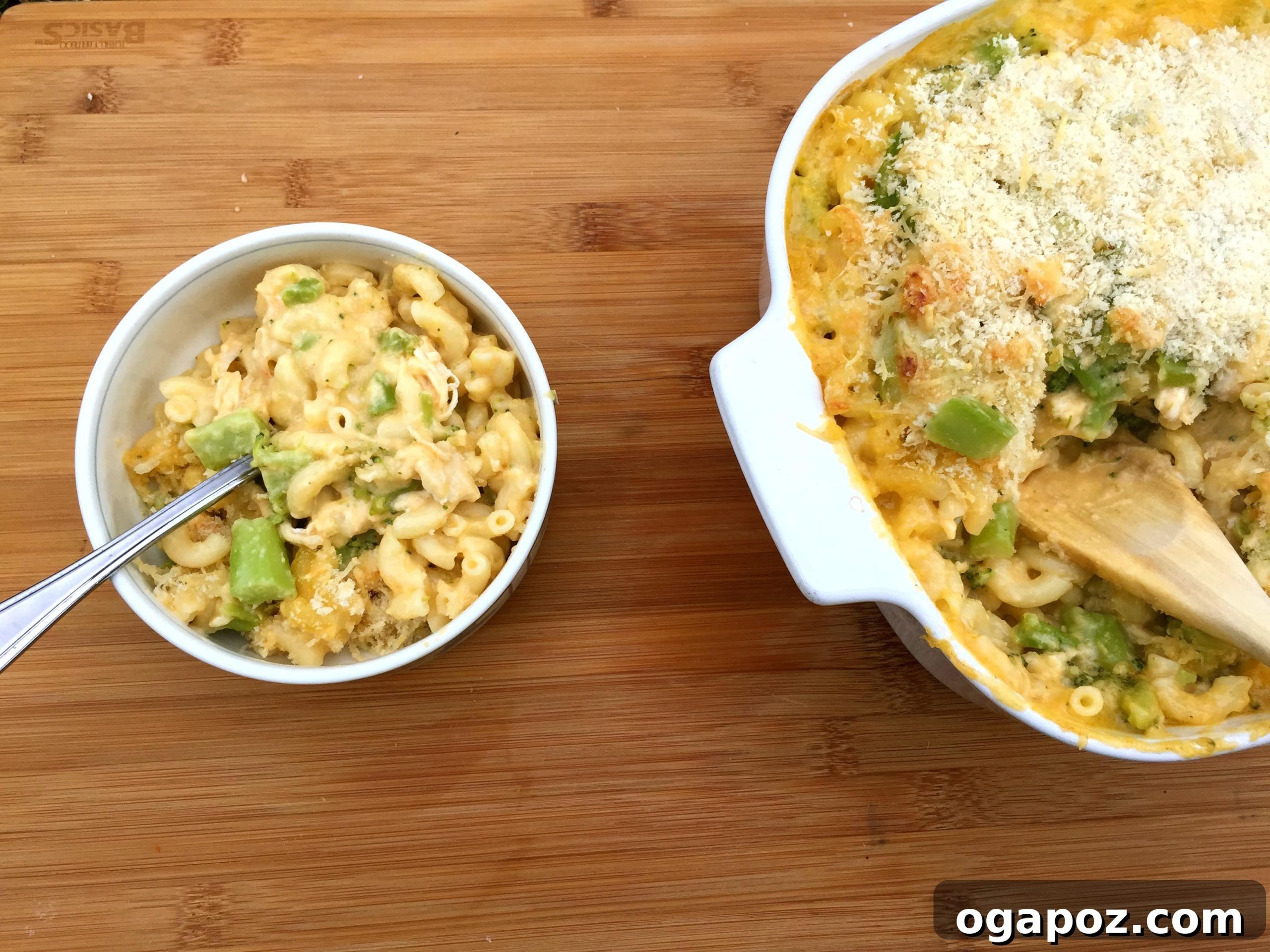 Loaded Chicken Broccoli Mac and Cheese 3 Close-up of baked Chicken Broccoli Mac and Cheese
