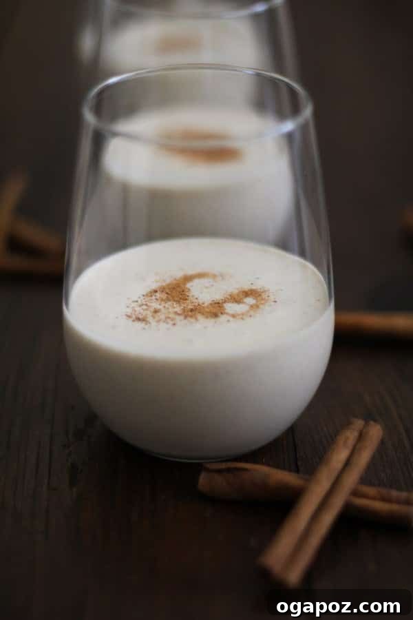 Sip into the Season: 41 Festive Drink Creations 11 A glass of creamy Vegan Eggnog, garnished with freshly grated nutmeg, offering a dairy-free festive treat.