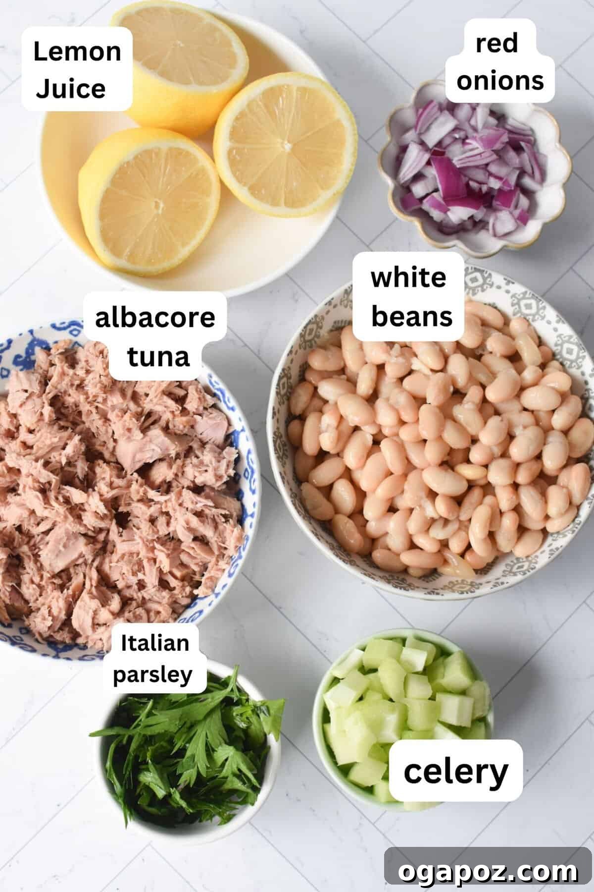 Tuna White Bean Salad recipe ingredients laid out on a wooden board: canned tuna, white beans, red onion, celery, lemon, and fresh Italian parsley.