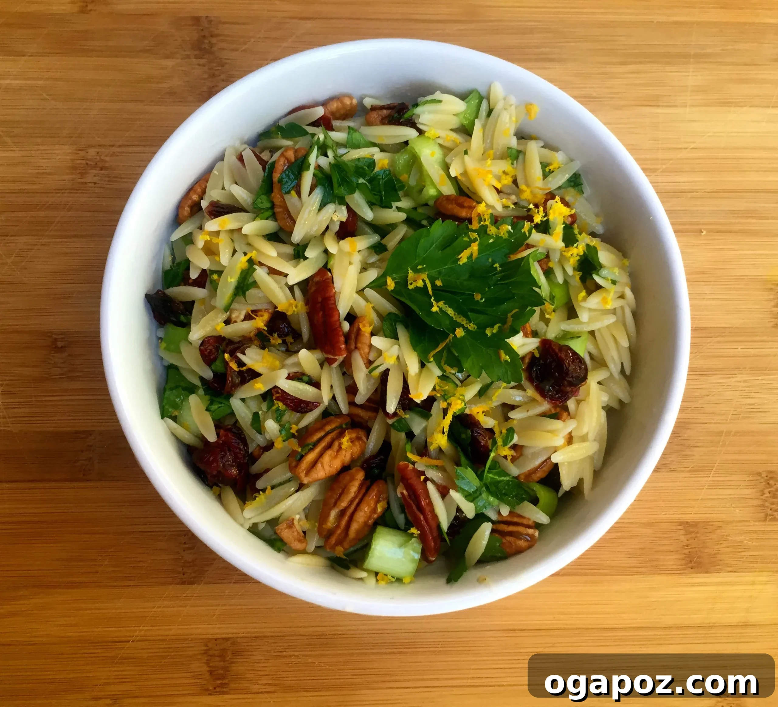 Vibrant Cranberry Orange Orzo Salad with Toasted Pecans 3 Close-up of Cranberry Pecan and Orange Orzo Salad, showcasing its fresh ingredients
