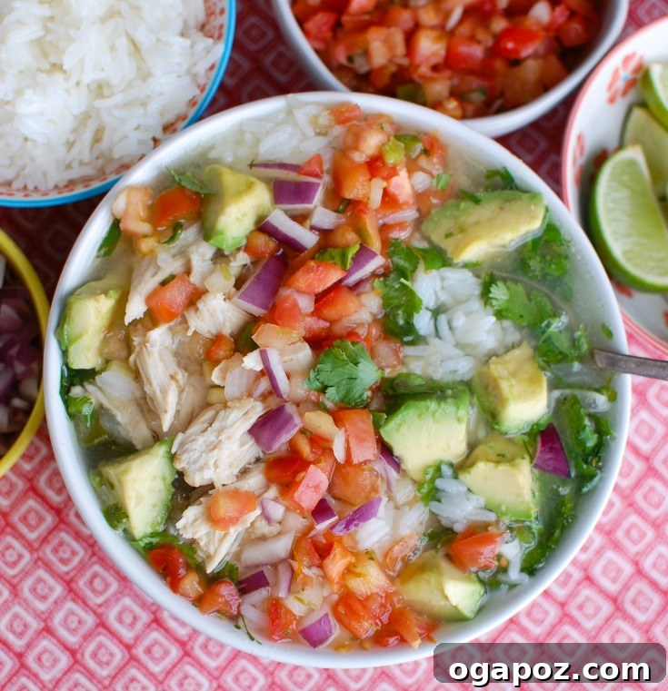 Slow Cooked Fiesta Lime Chicken Soup 5 A bowl of Slow Cooker Mexican Chicken Lime Soup, ready to eat