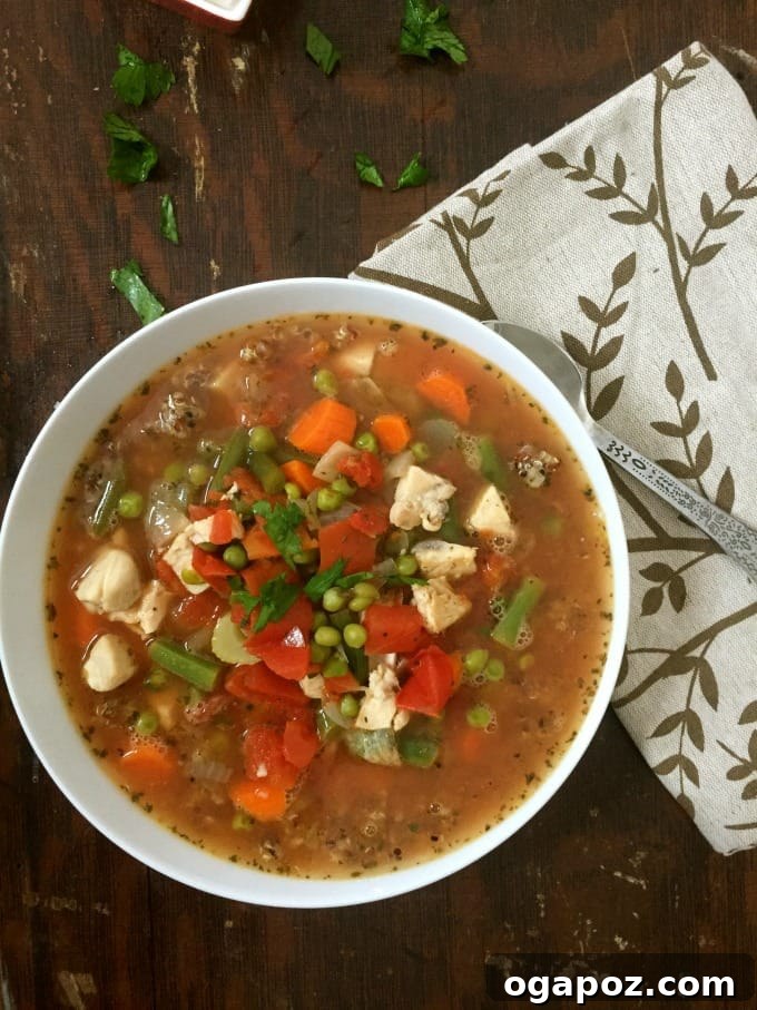 Wholesome Chicken Quinoa Soup 2 Delicious Chicken Quinoa Soup ready to be served, garnished with fresh parsley.